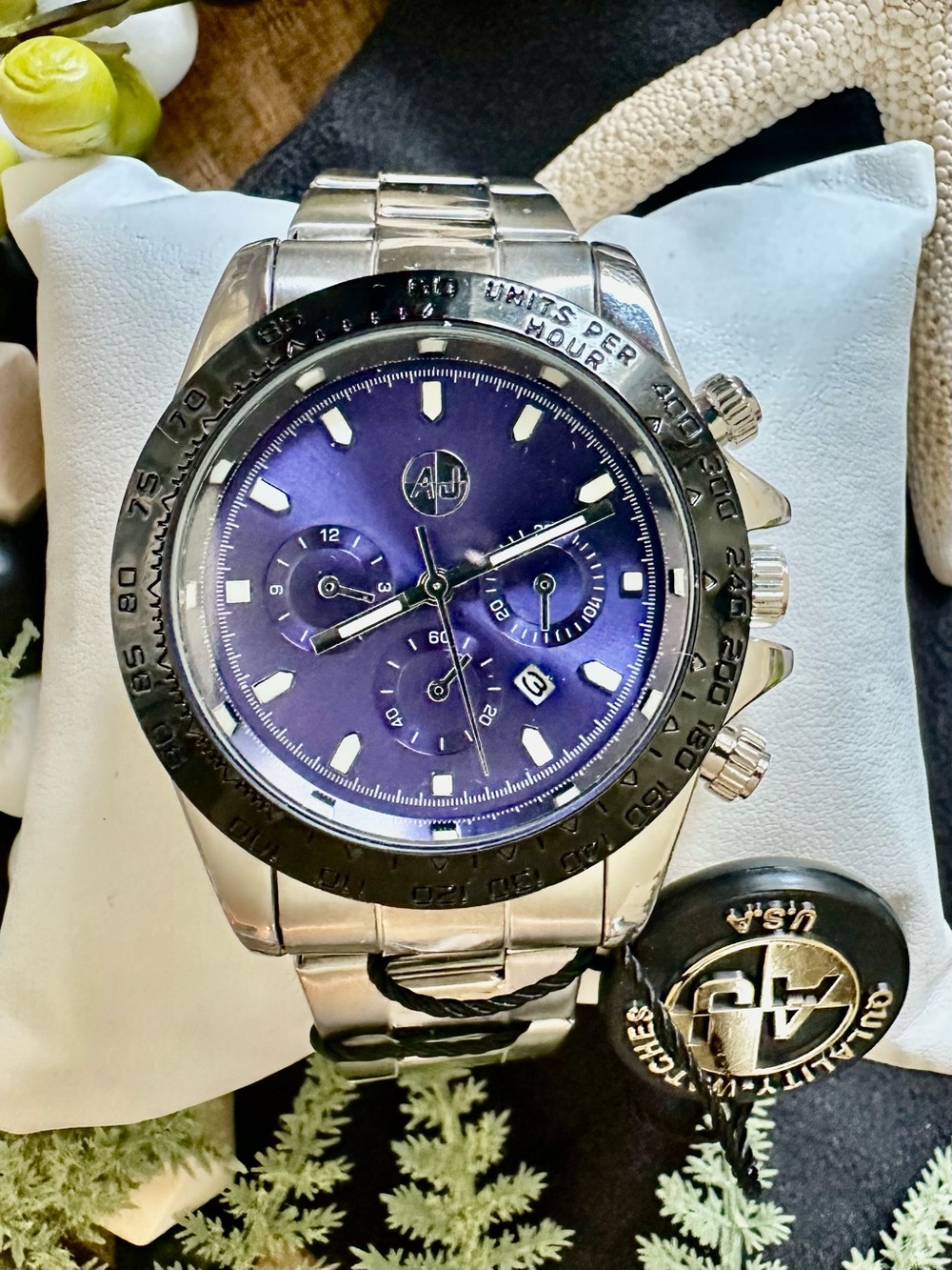 NWT AJ Accessories Blue Dial Stainless Steel Chronograph Watch